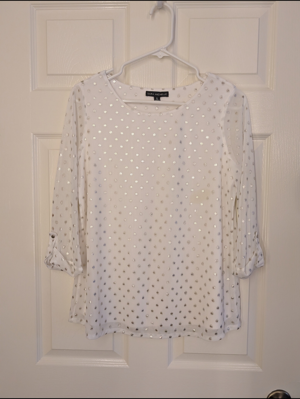 Sara Michelle White Blouse with Silver Metallic Dots